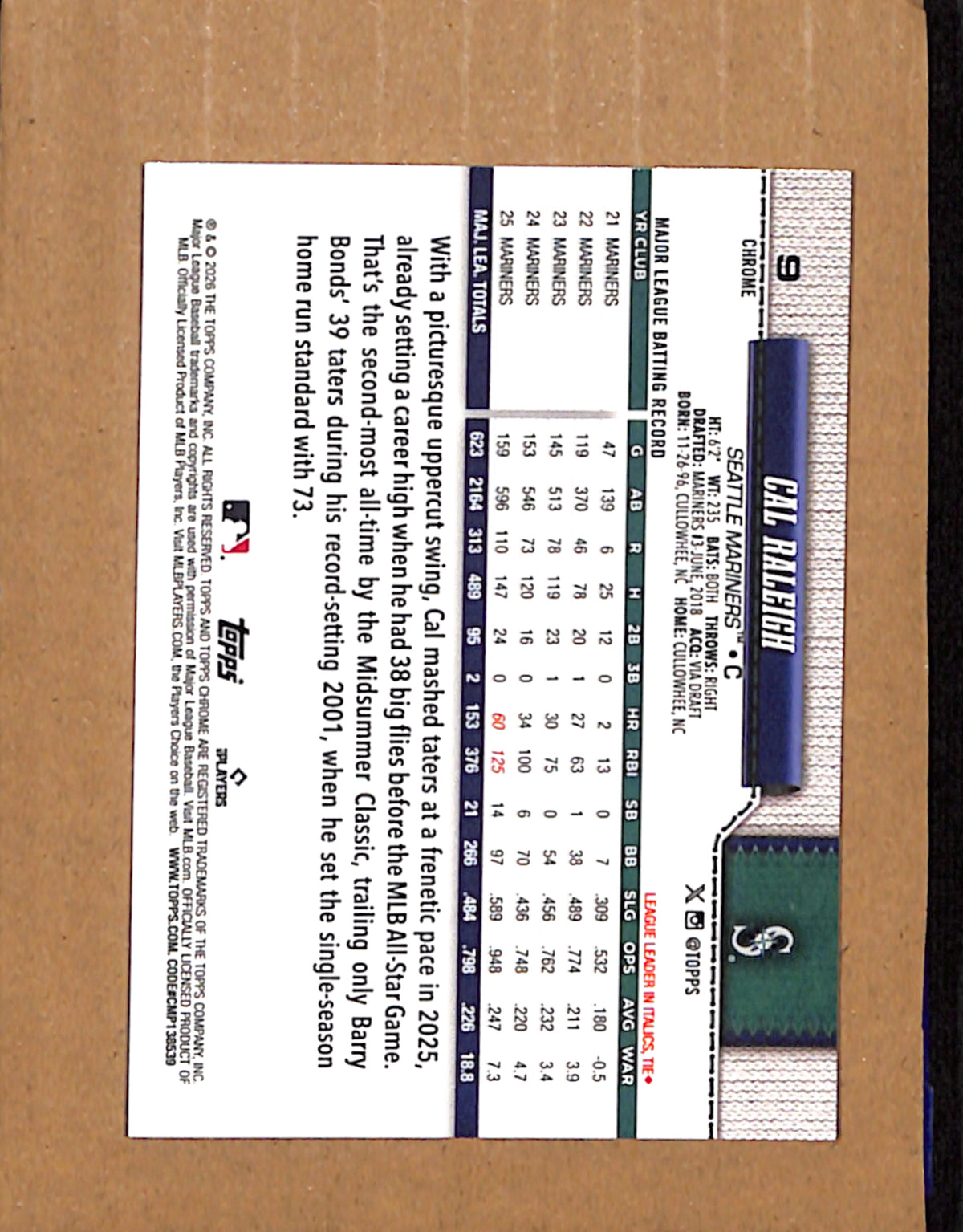 2026 Topps Chrome #9 Cal Raleigh Seattle Mariners NMT CS26017786