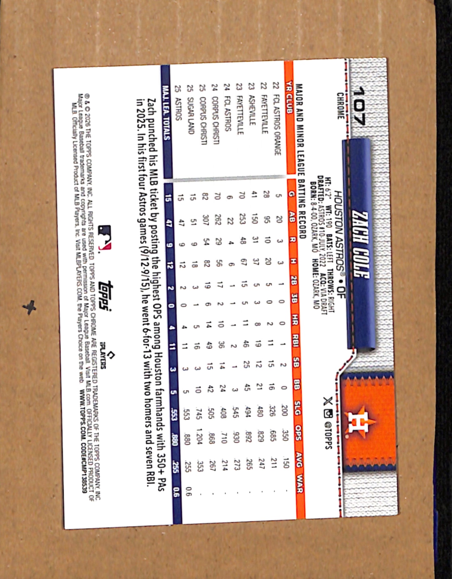 2026 Topps Chrome #107 Zach Cole Houston Astros NMT CS26017789