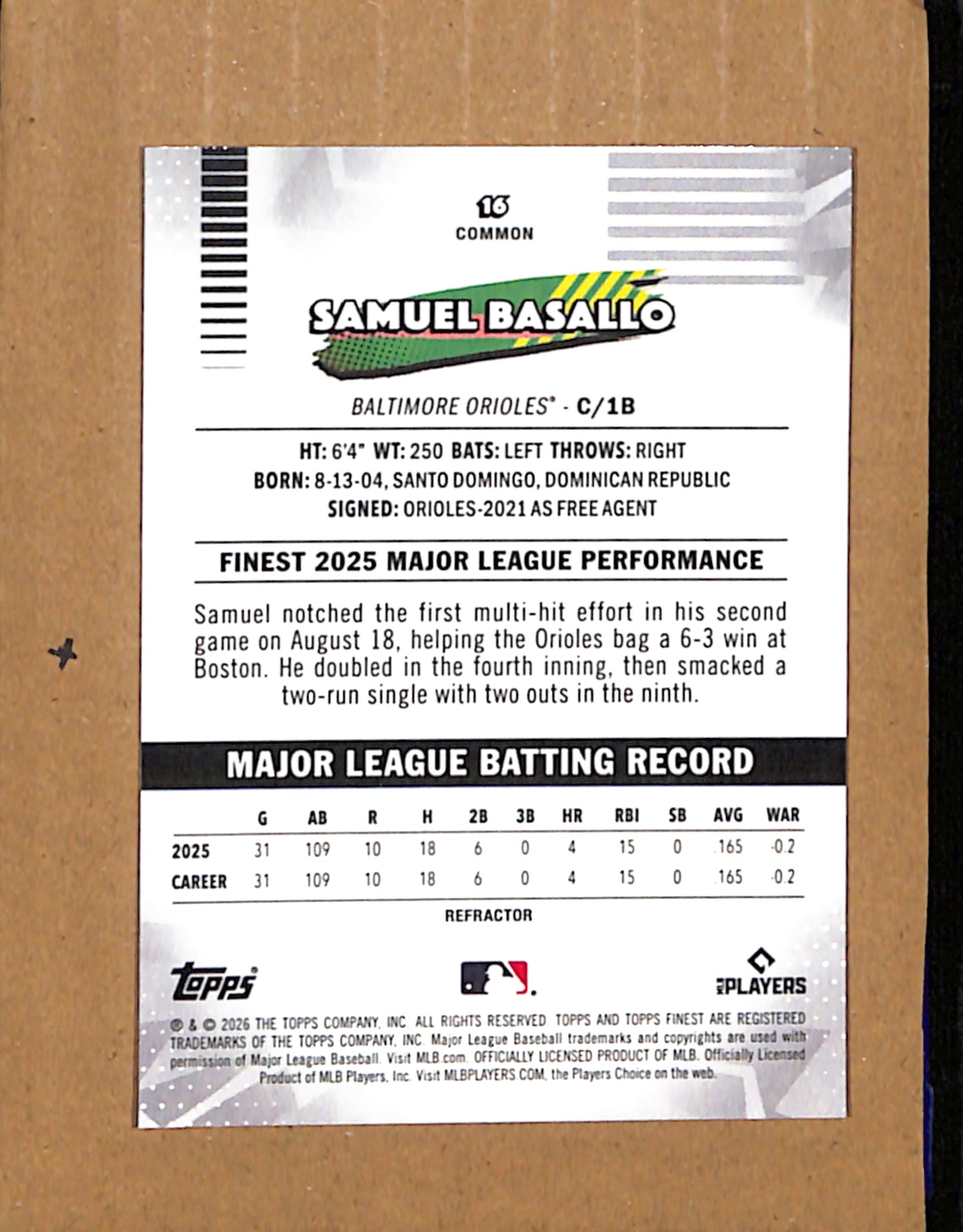 2026 Finest #16 Samuel Basallo Baltimore Orioles NMT CS26017790