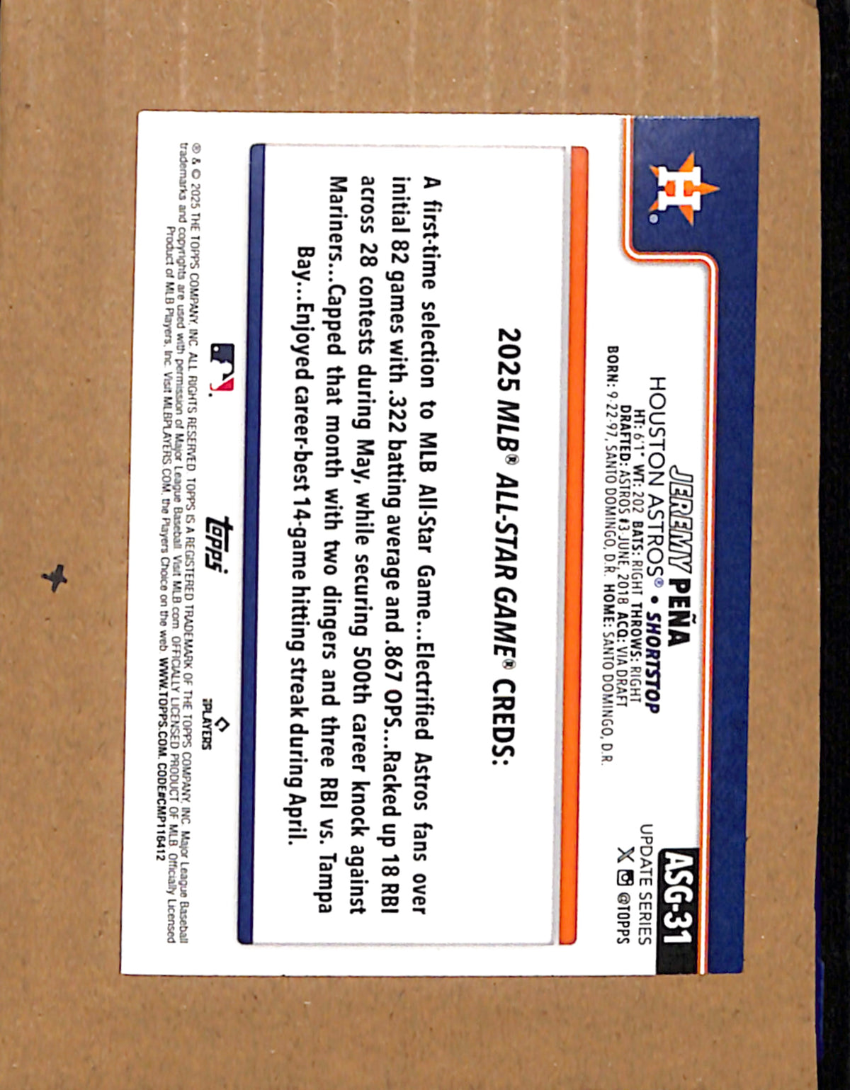 2025 Topps Chrome Update #ASGC-24 Jeremy Peña Houston Astros NMT CS26017797