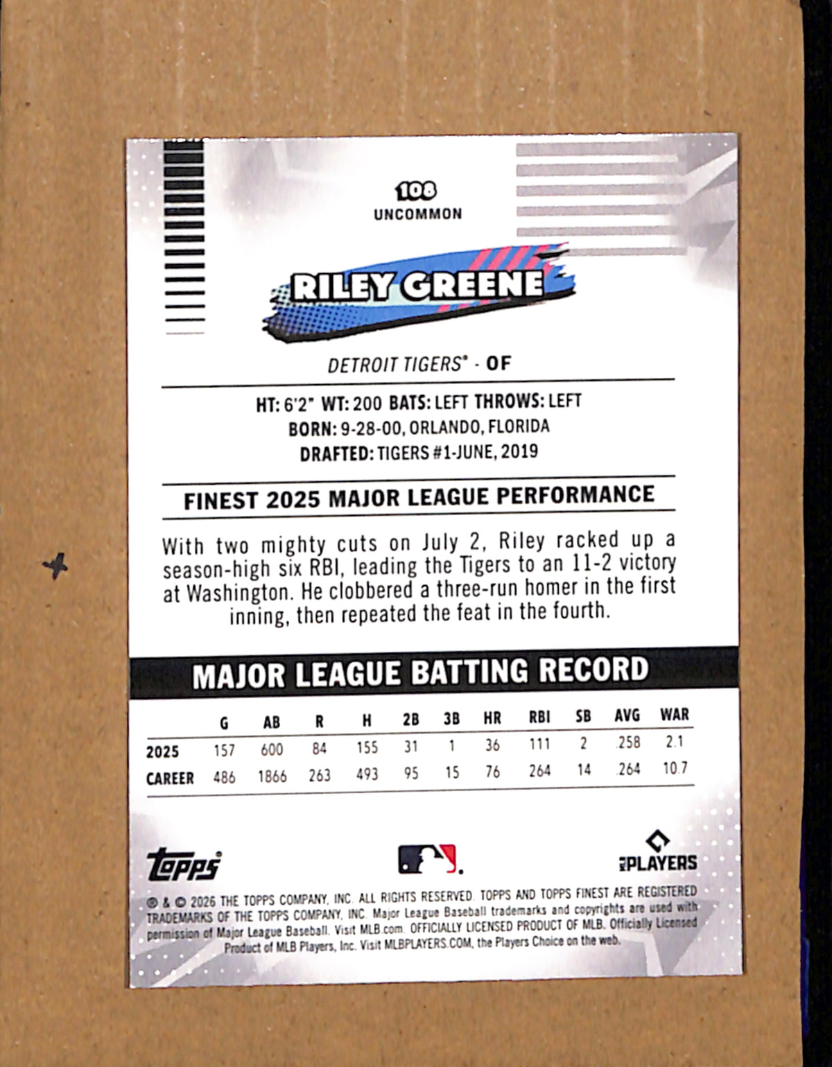 2026 Finest #108 Riley Greene Detroit Tigers NMT CS26017798