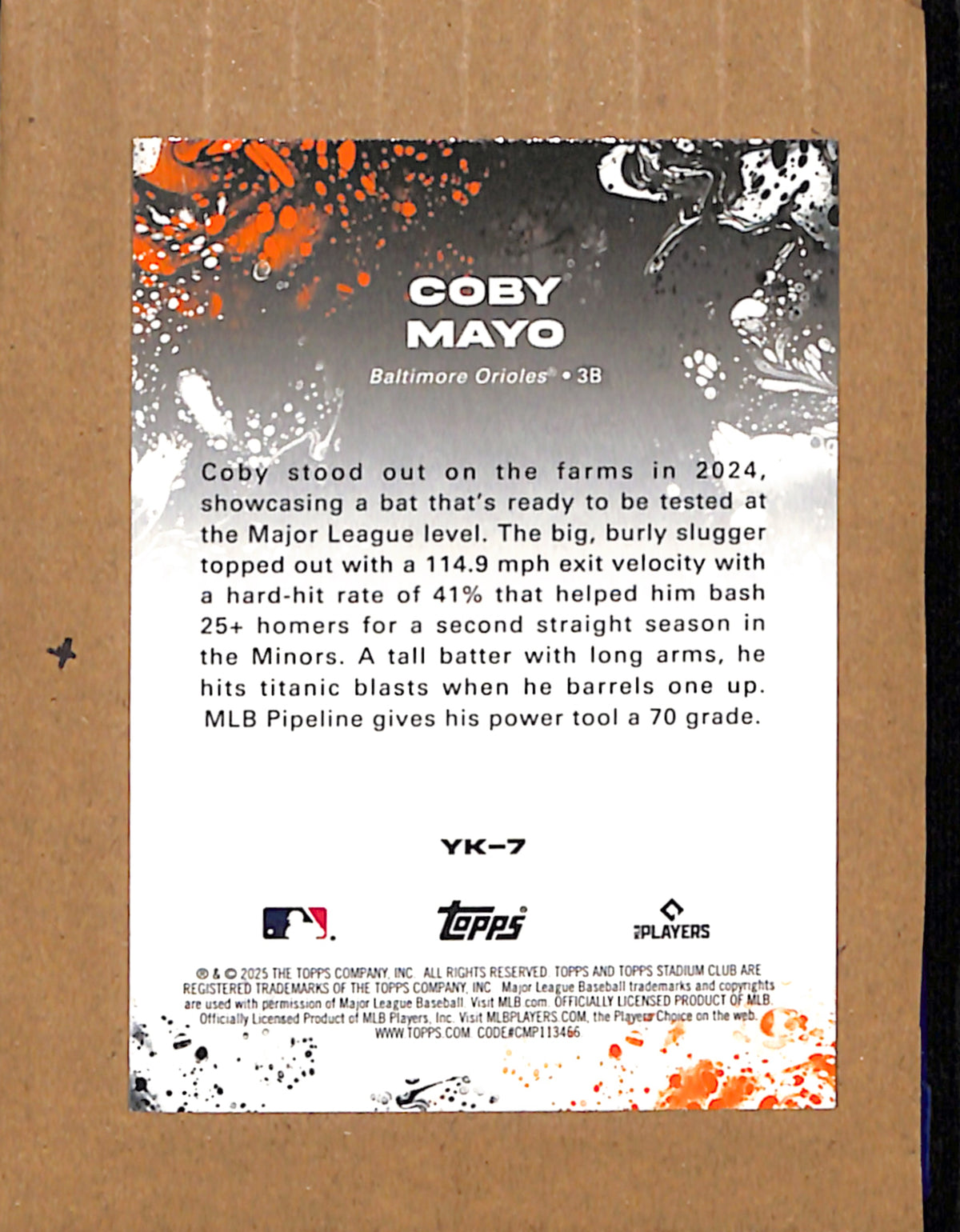2025 Stadium Club #YK-7 Coby Mayo Baltimore Orioles NMT CS26017800