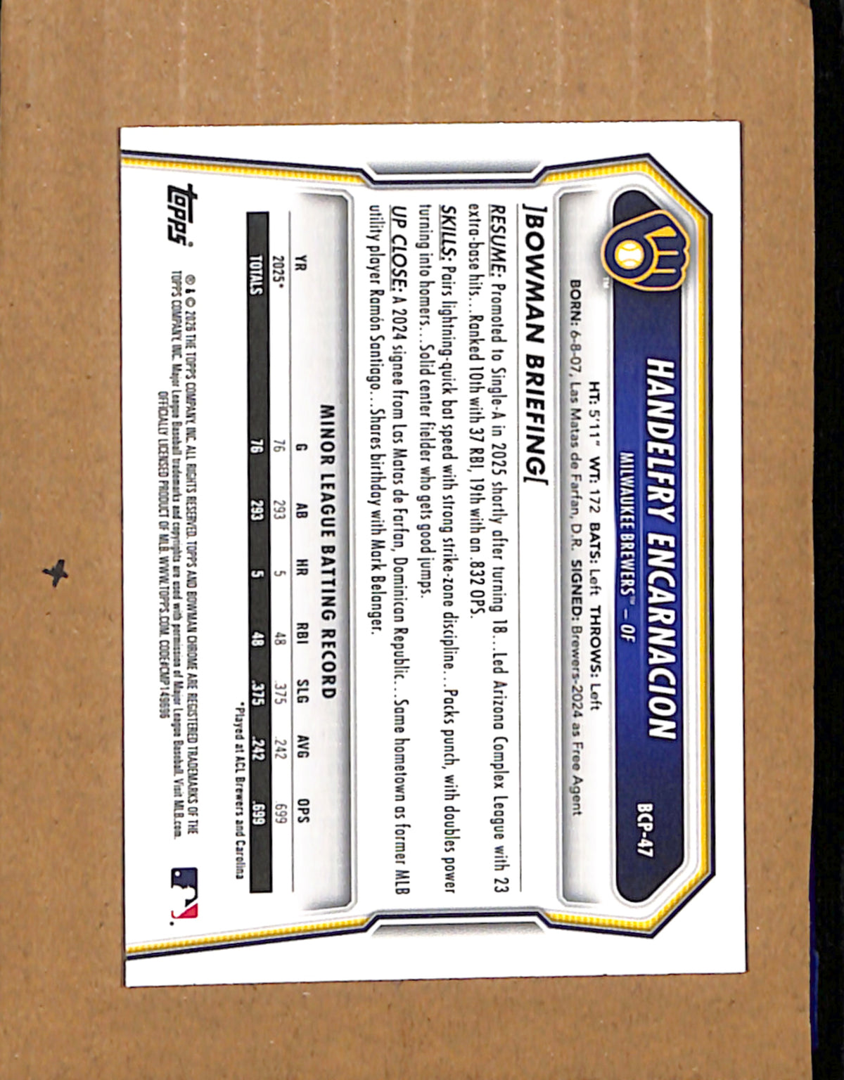 2026 Bowman #BCP-47 Handelfry Encarnacion Milwaukee Brewers NMT CS26017801