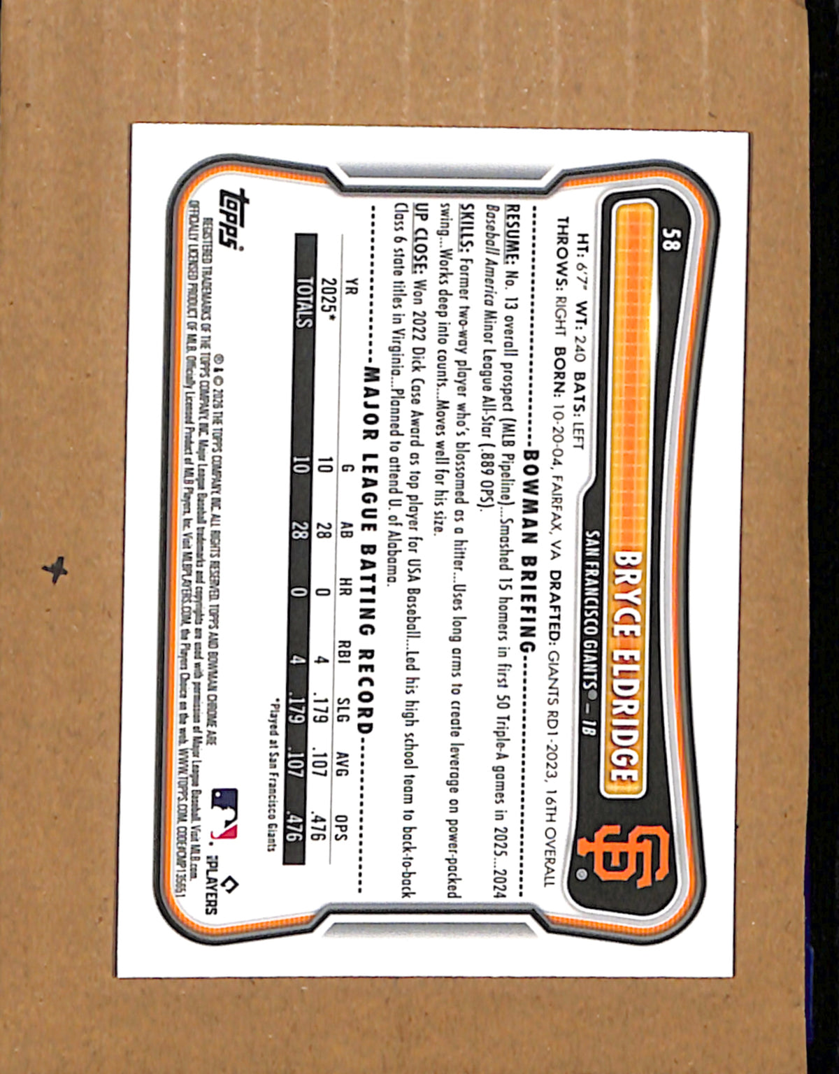 2026 Bowman #58 Bryce Eldridge San Francisco Giants NMT CS26017805