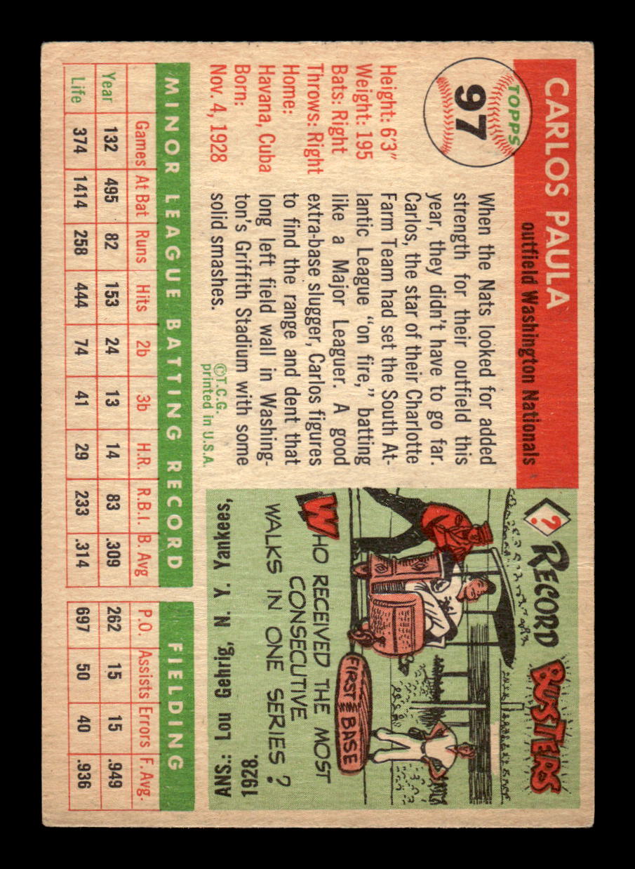1955 Topps #97 Carlos Paula Washington Senators VG CS26017813