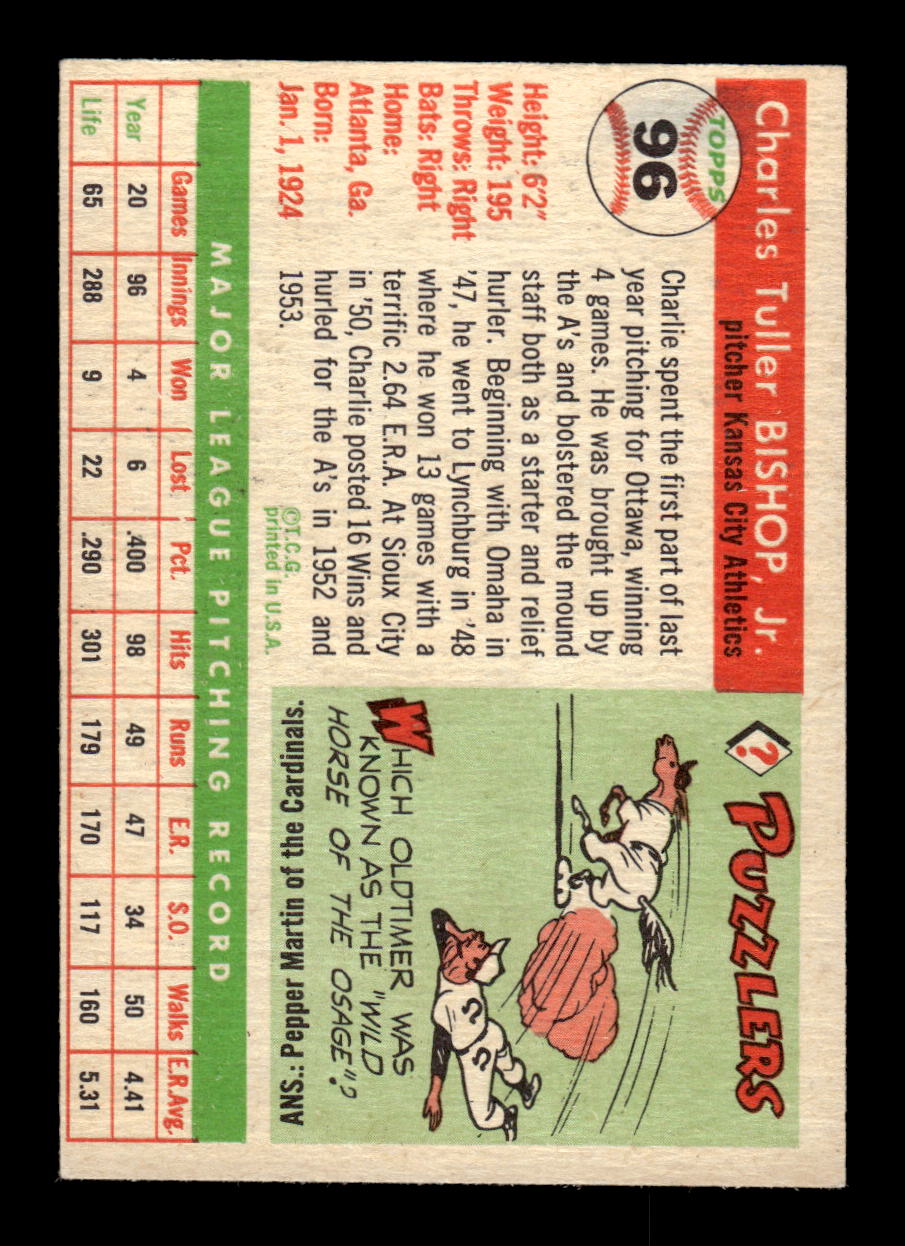 1955 Topps #96 Charlie Bishop Kansas City Athletics VG CS26017815