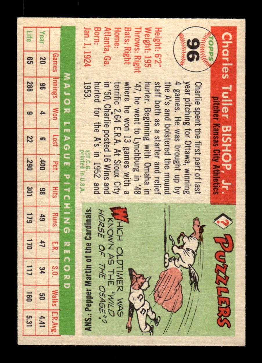 1955 Topps #96 Charlie Bishop Kansas City Athletics VG CS26017817