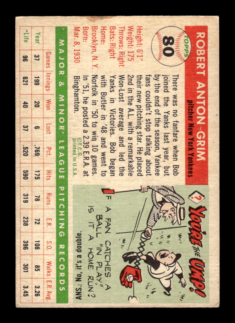 1955 Topps #80 Bob Grim New York Yankees VG CS26017841