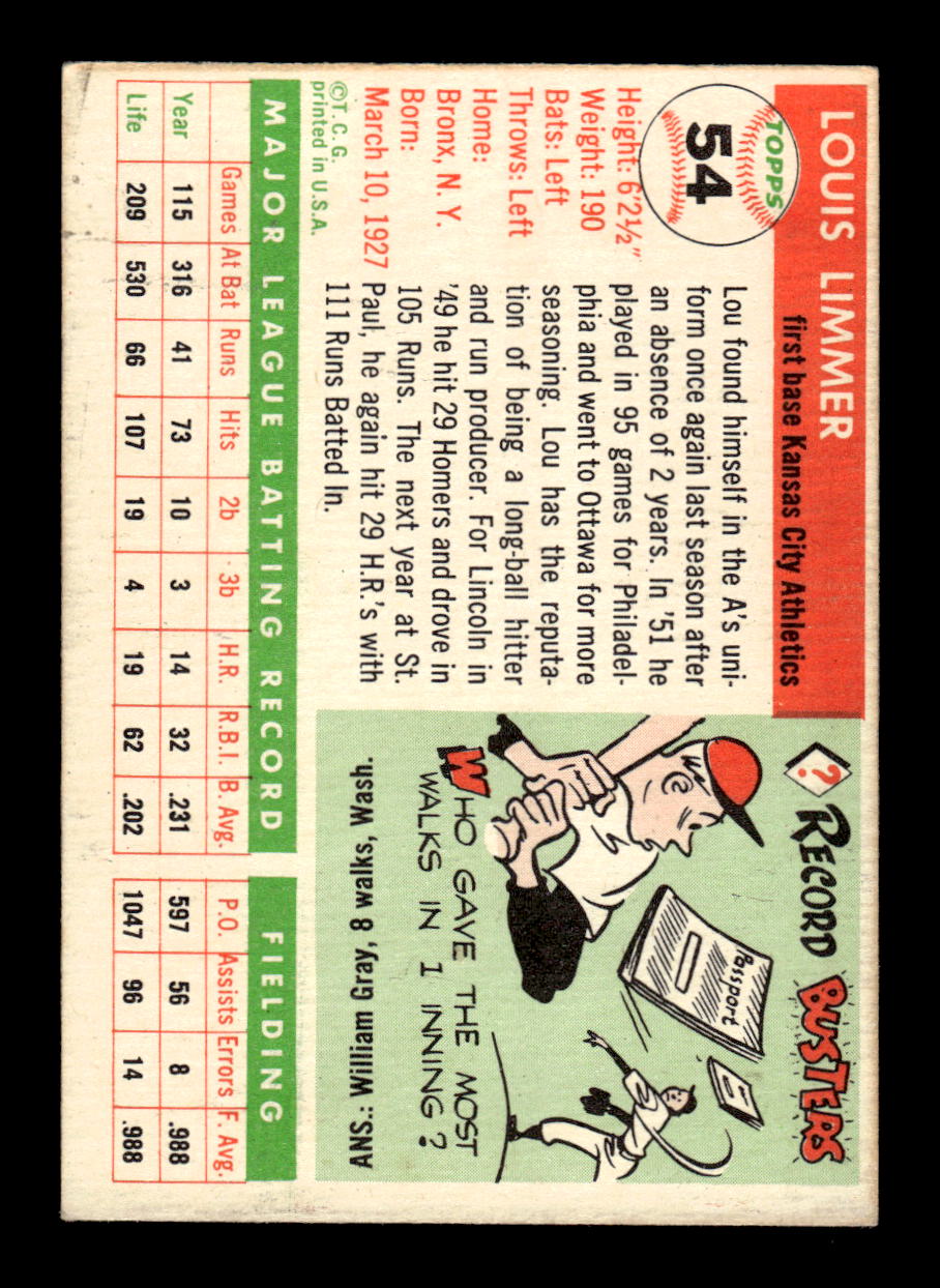 1955 Topps #54 Lou Limmer Kansas City Athletics VG CS26017849