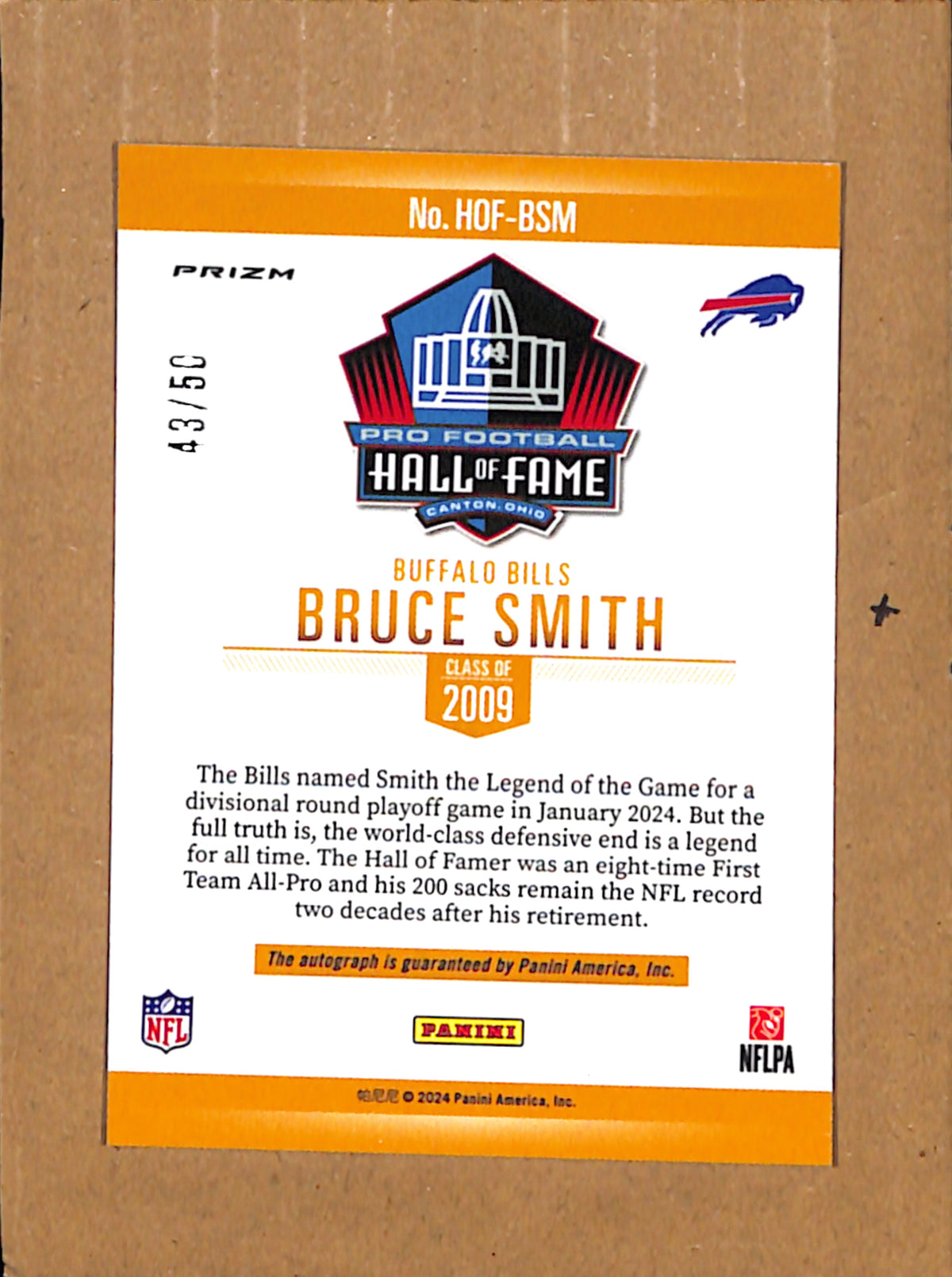 2024 Panini Prizm Bruce Smith Auto #HOF-BSM 43/50 NMT CS26017866