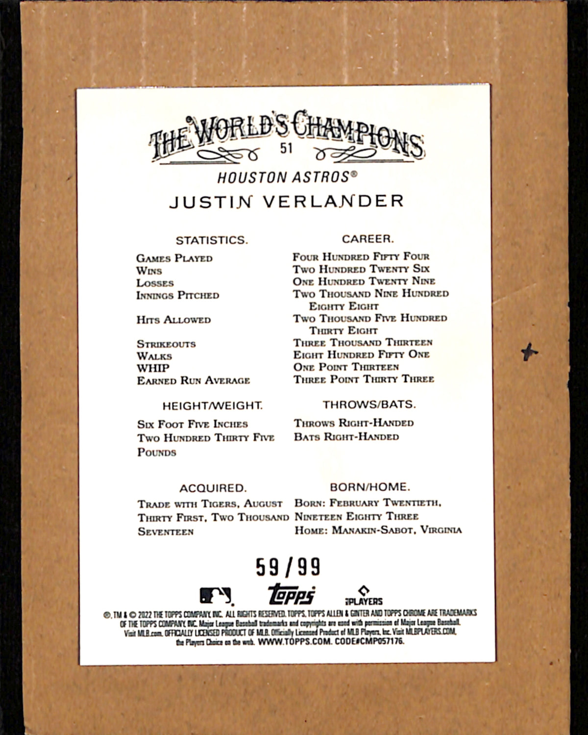 2022 Topps Allen & Ginter Chrome #51 Justin Verlander #ed 59/99 NMT CS26017888