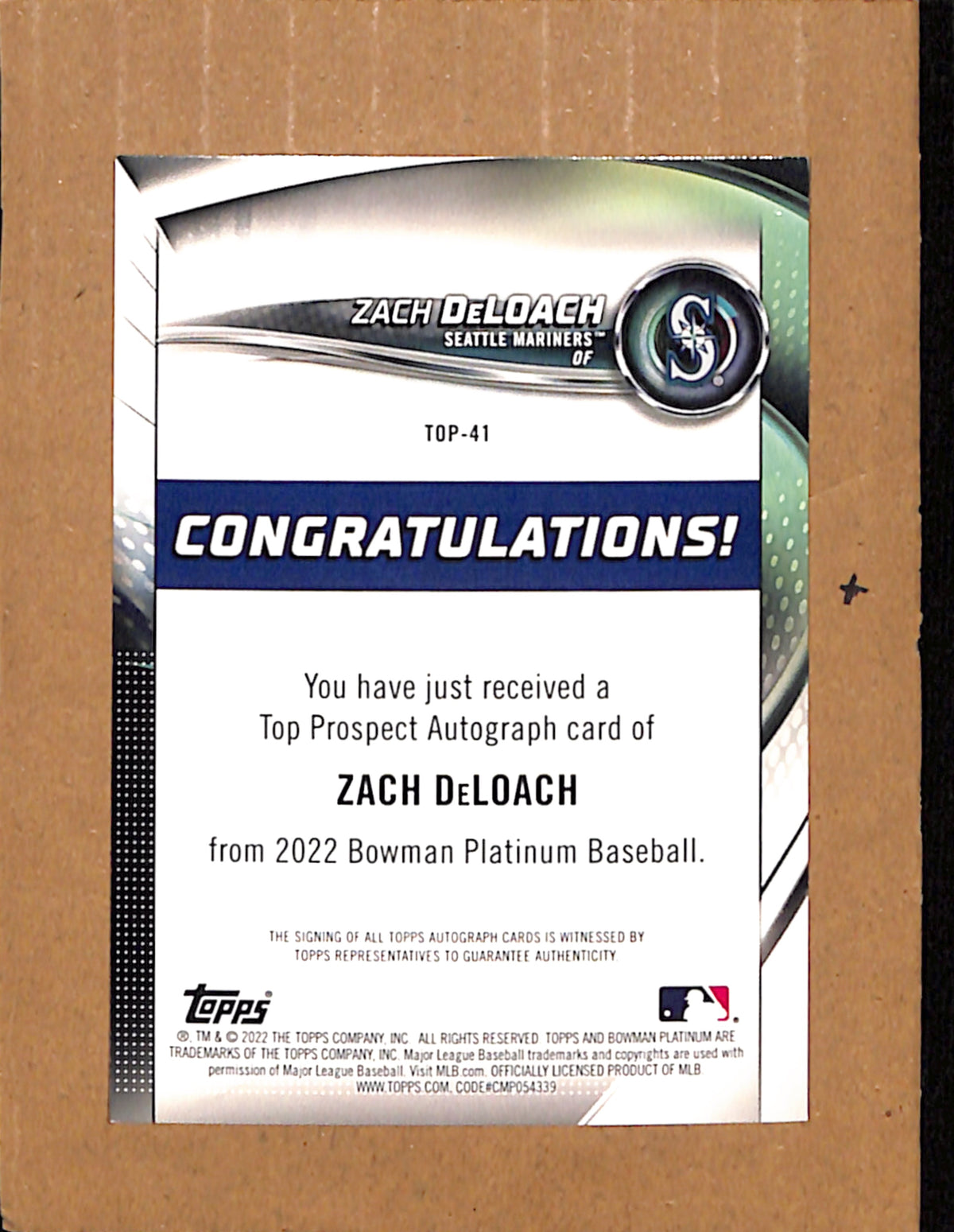 2022 Bowman Platinum #TOP-41 Zach DeLoach Mariners Auto /99 CS26017901