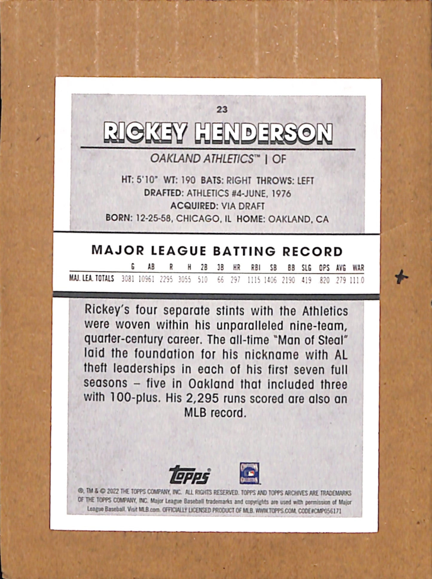 2022 Topps Archives Snapshots #23 Rickey Henderson NMT CS26017914