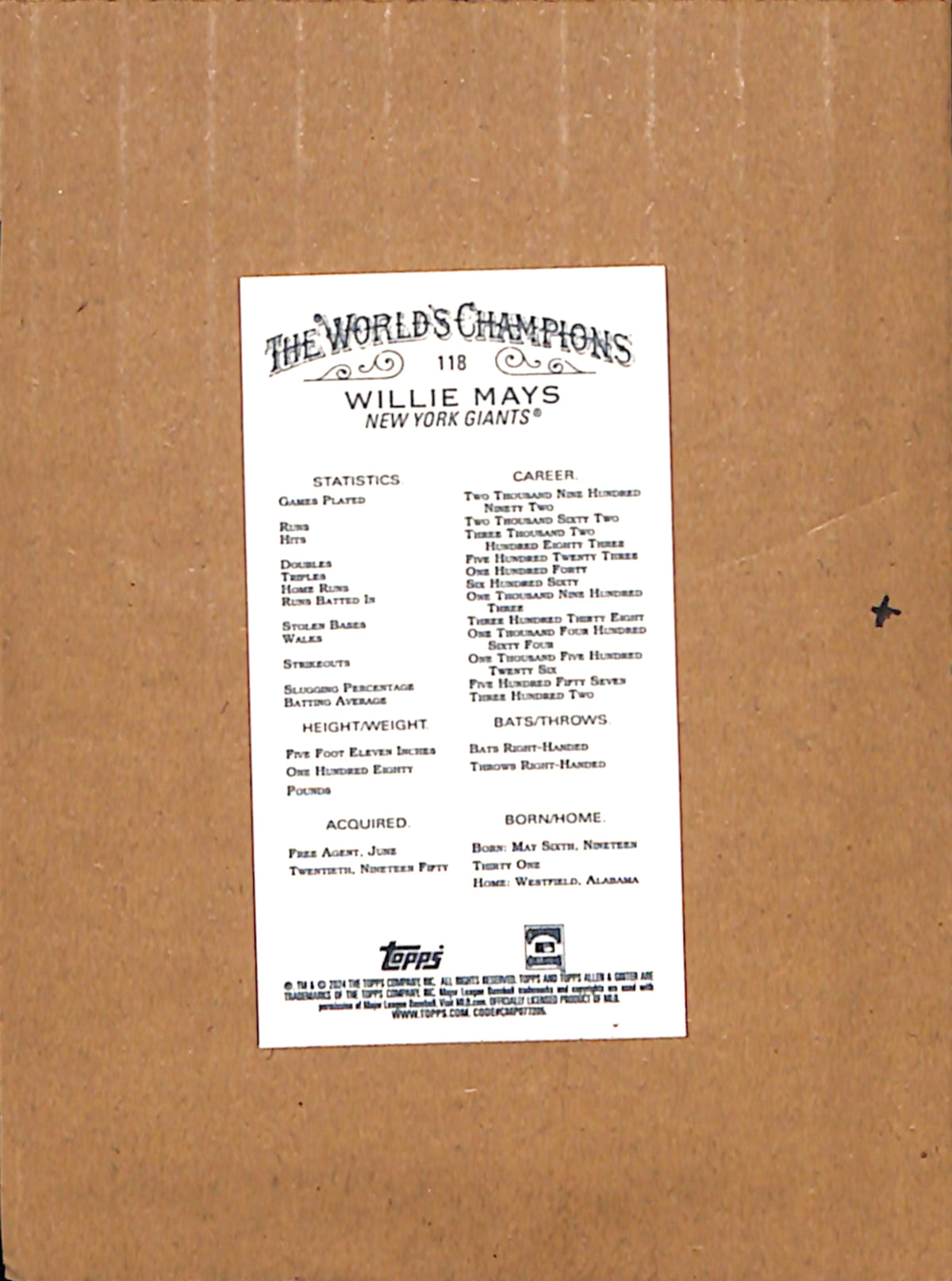 2024 Topps Allen & Ginter #118 Willie Mays New York Giants NMT CS26017915