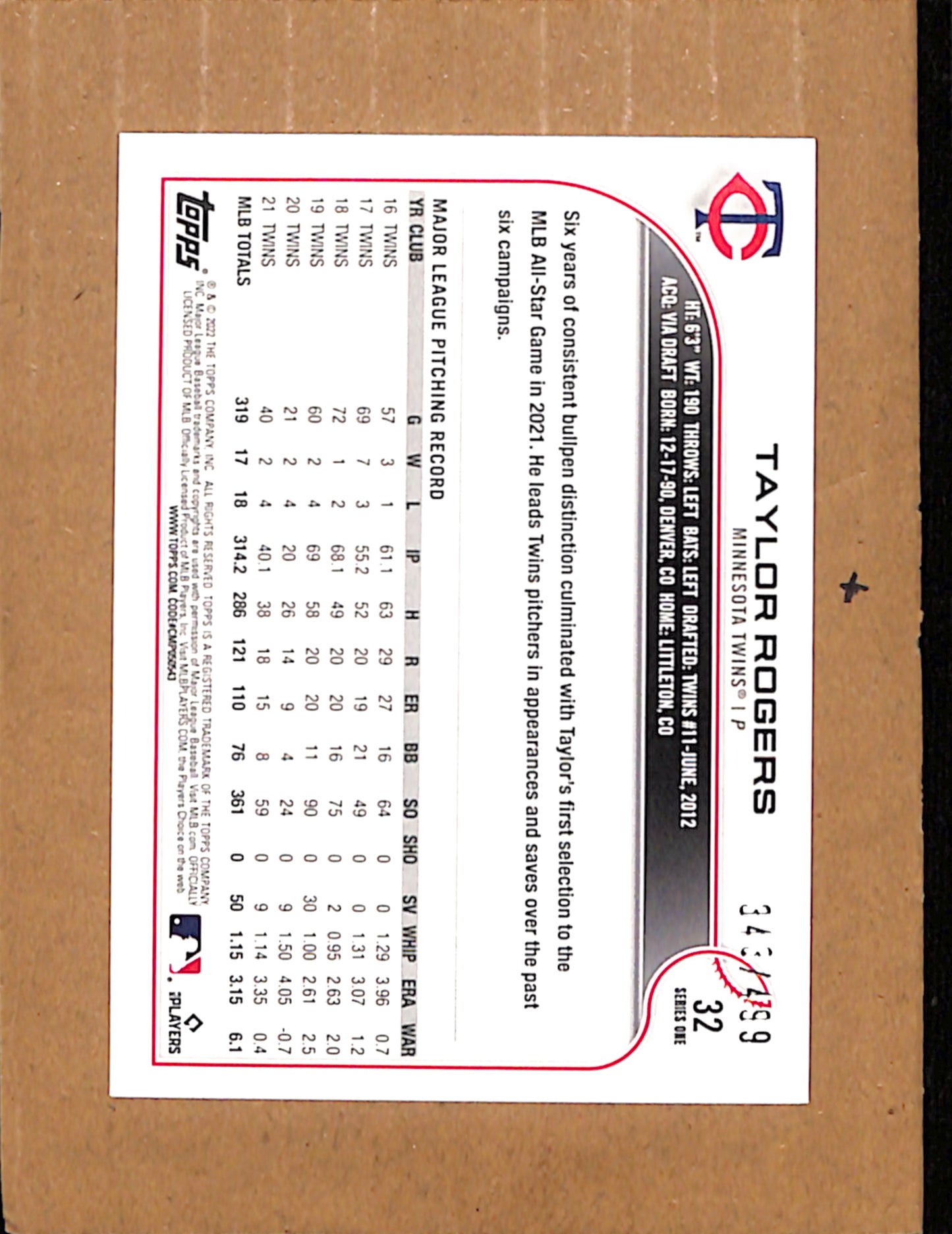 2022 Topps #32 Taylor Rogers Minnesota Twins NMT CS26017921