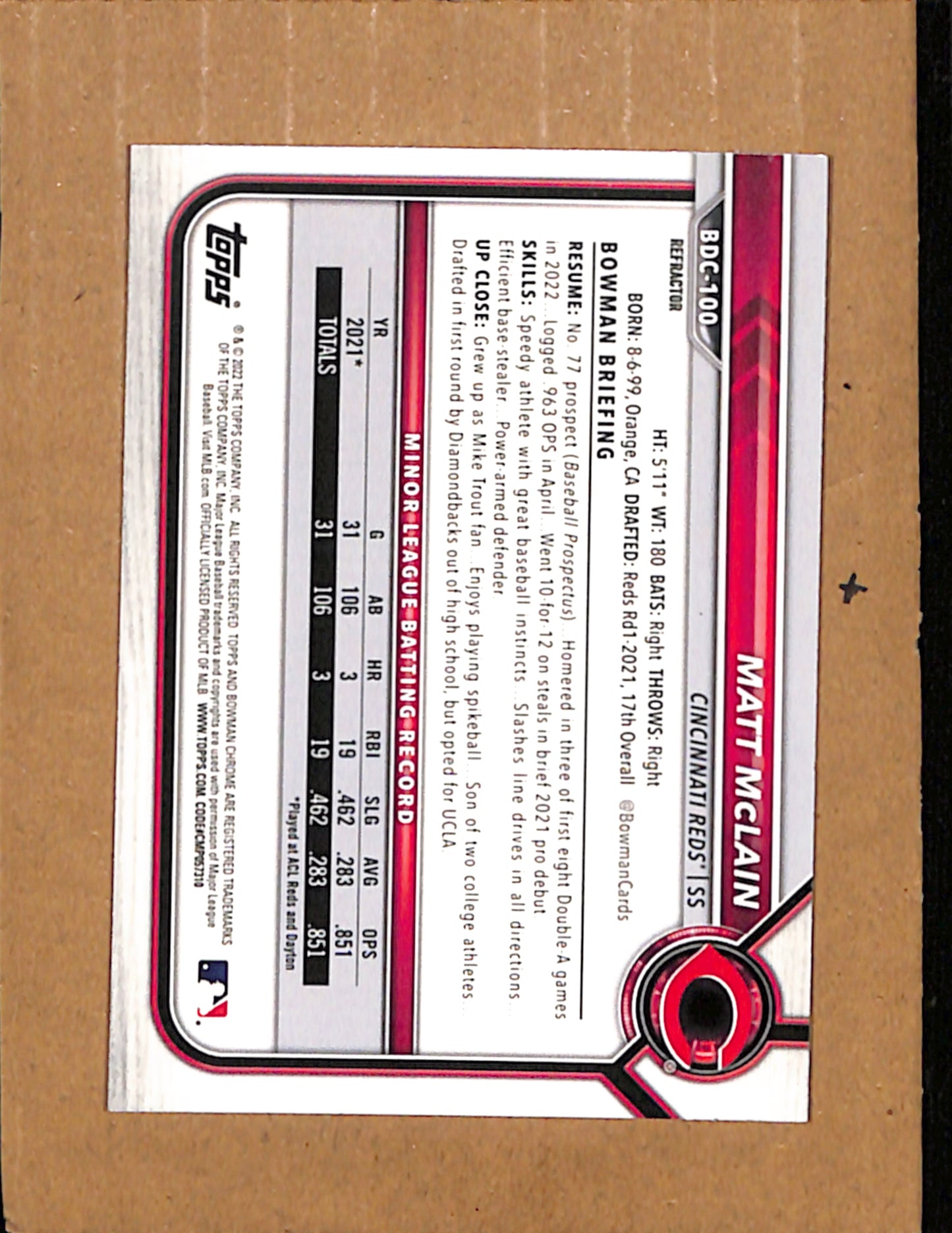 2022 Bowman Draft #BDC-100 Matt McLain Cincinnati Reds NMT CS26017922