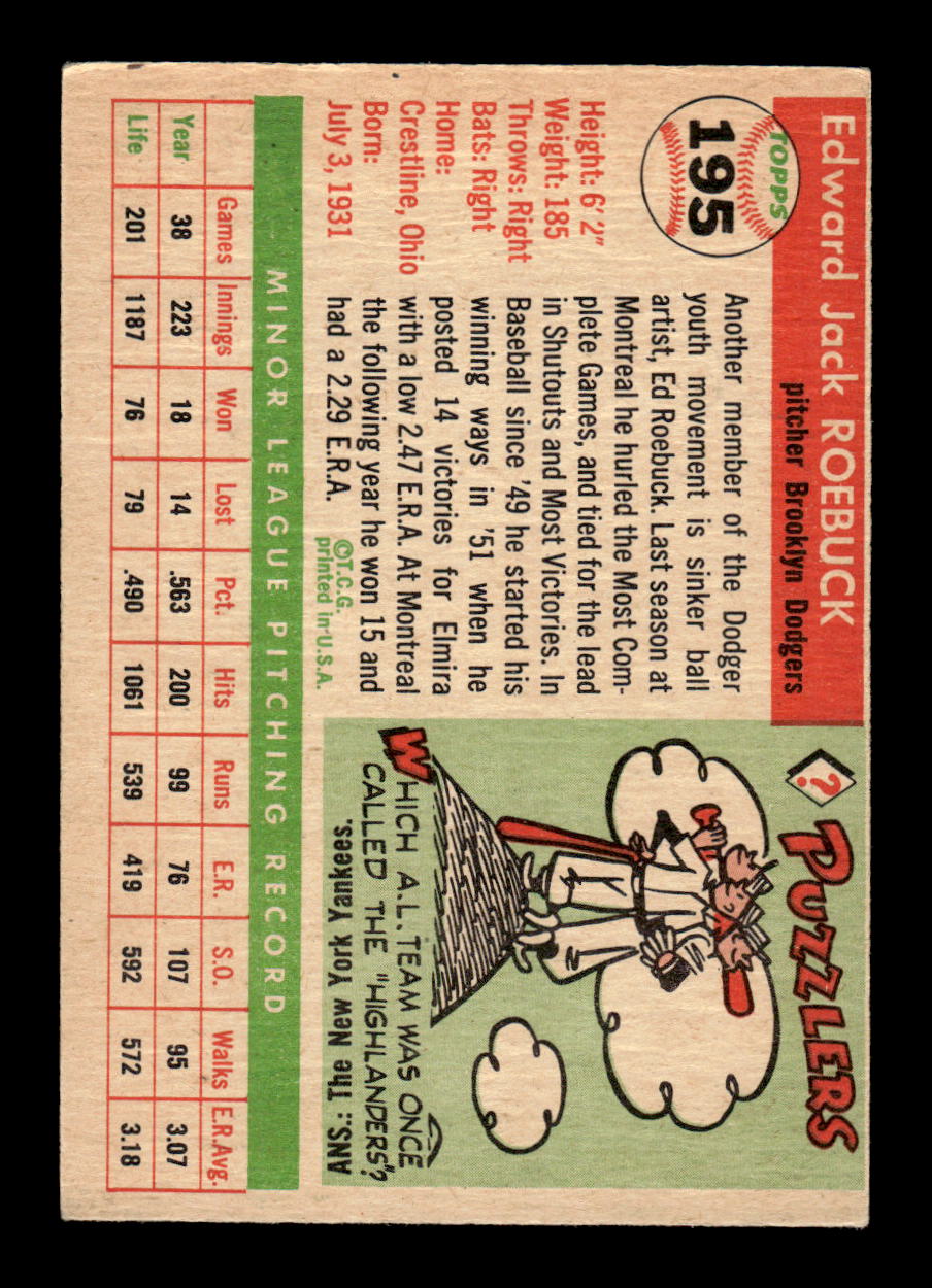 1955 Topps #195 Ed Roebuck Brooklyn Dodgers VG CS26017949