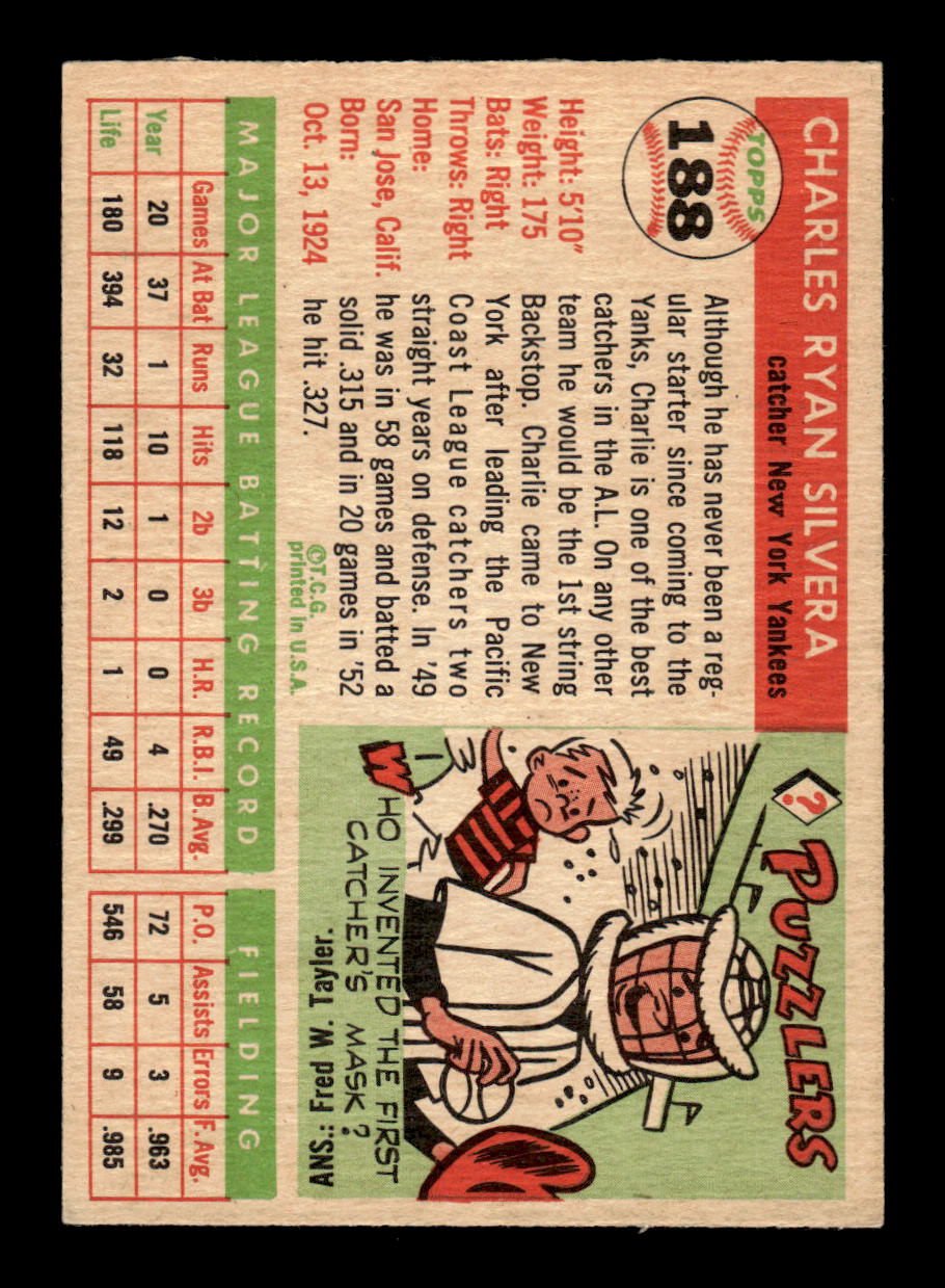 1955 Topps #188 Charlie Silvera New York Yankees VG CS26017952