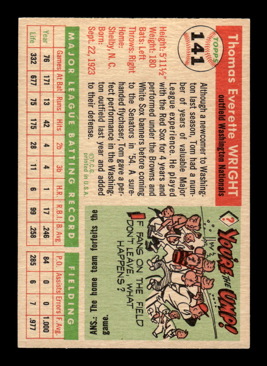 1955 Topps #141 Tom Wright Washington Senators VG CS26018010