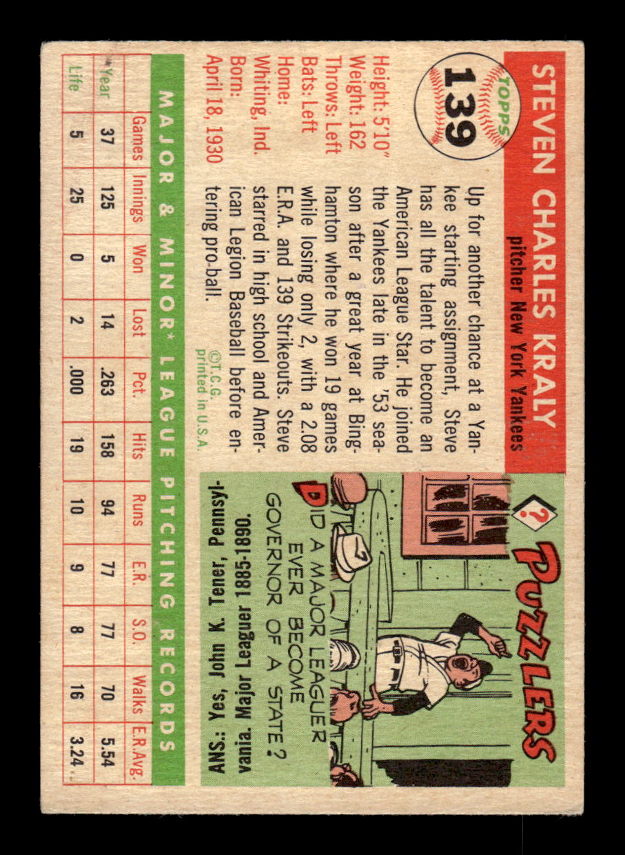 1955 Topps #139 Steve Kraly New York Yankees VG CS26018013