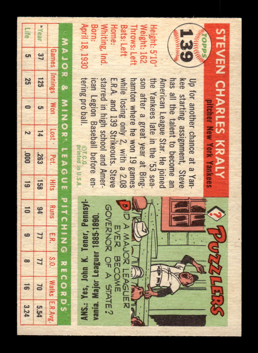 1955 Topps #139 Steve Kraly New York Yankees VG CS26018014