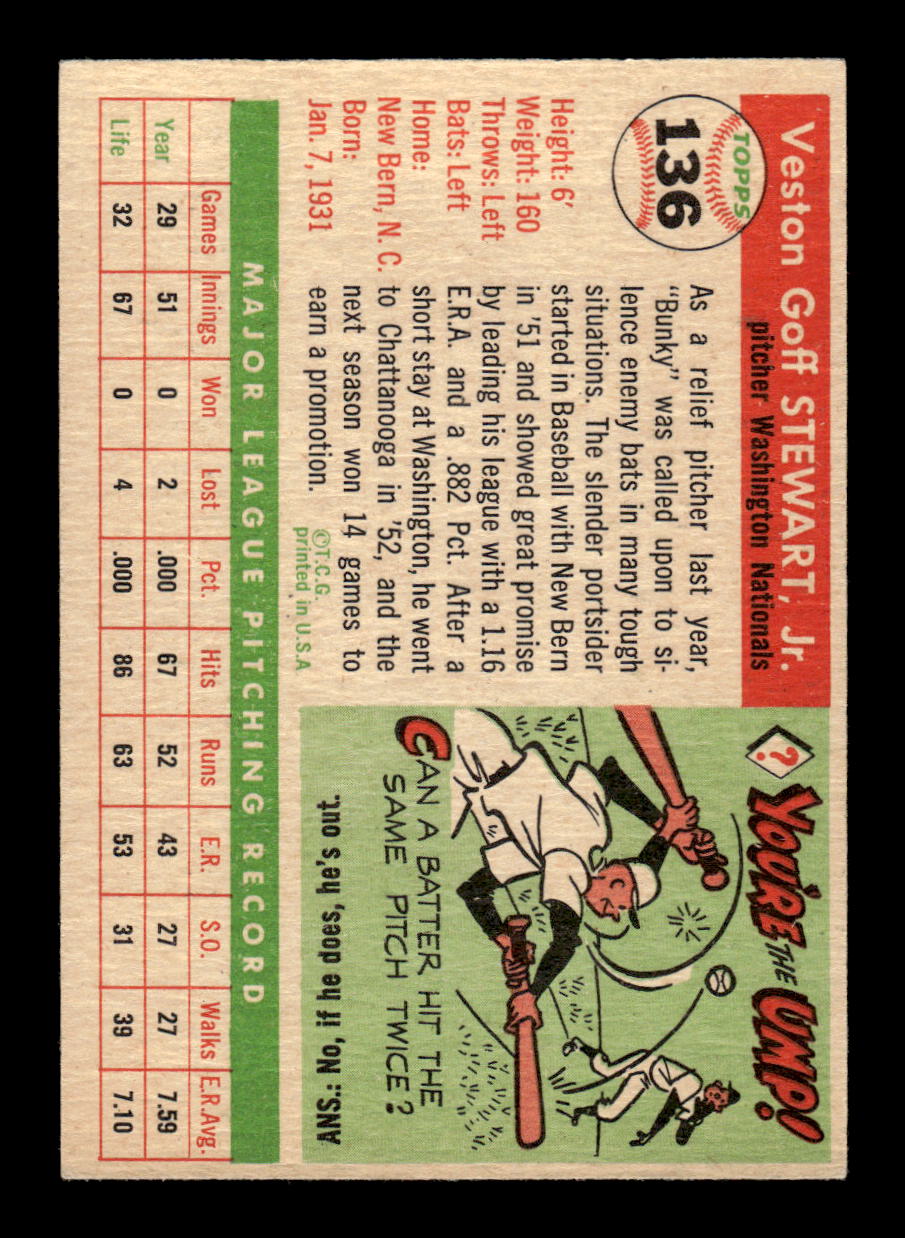 1955 Topps #136 Bunky Stewart Washington Senators VG CS26018021