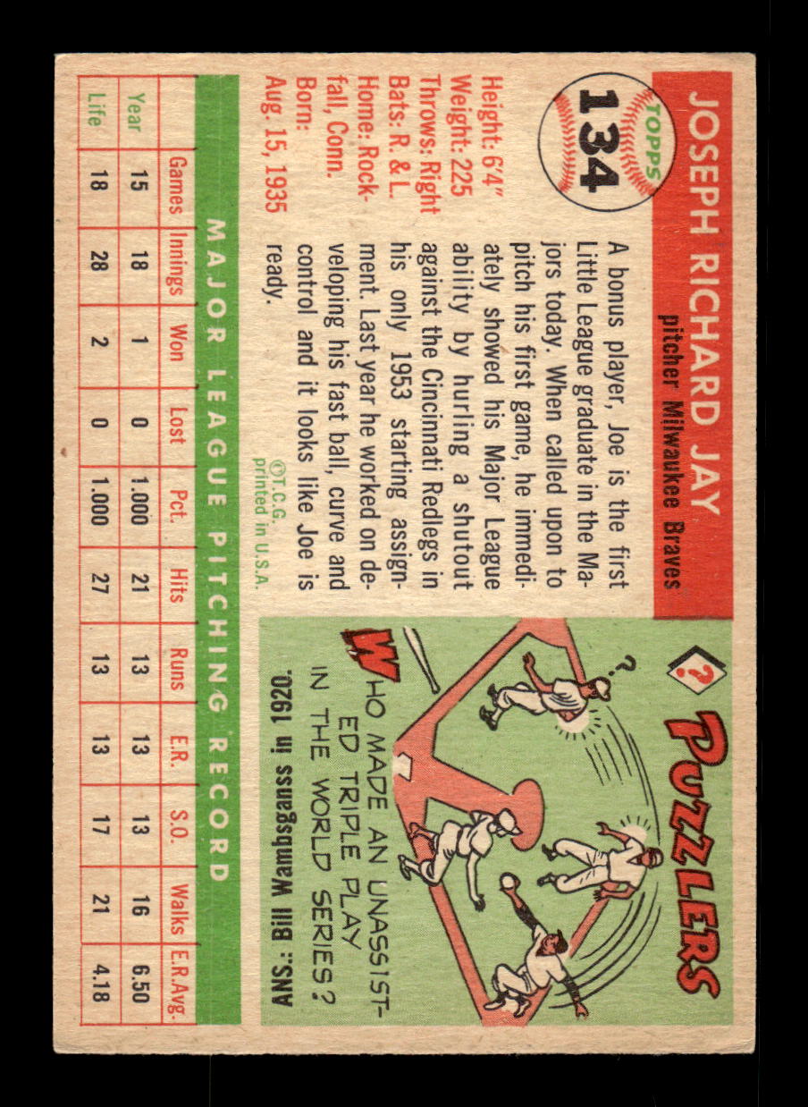 1955 Topps #134 Joe Jay Milwaukee Braves VG CS26018028