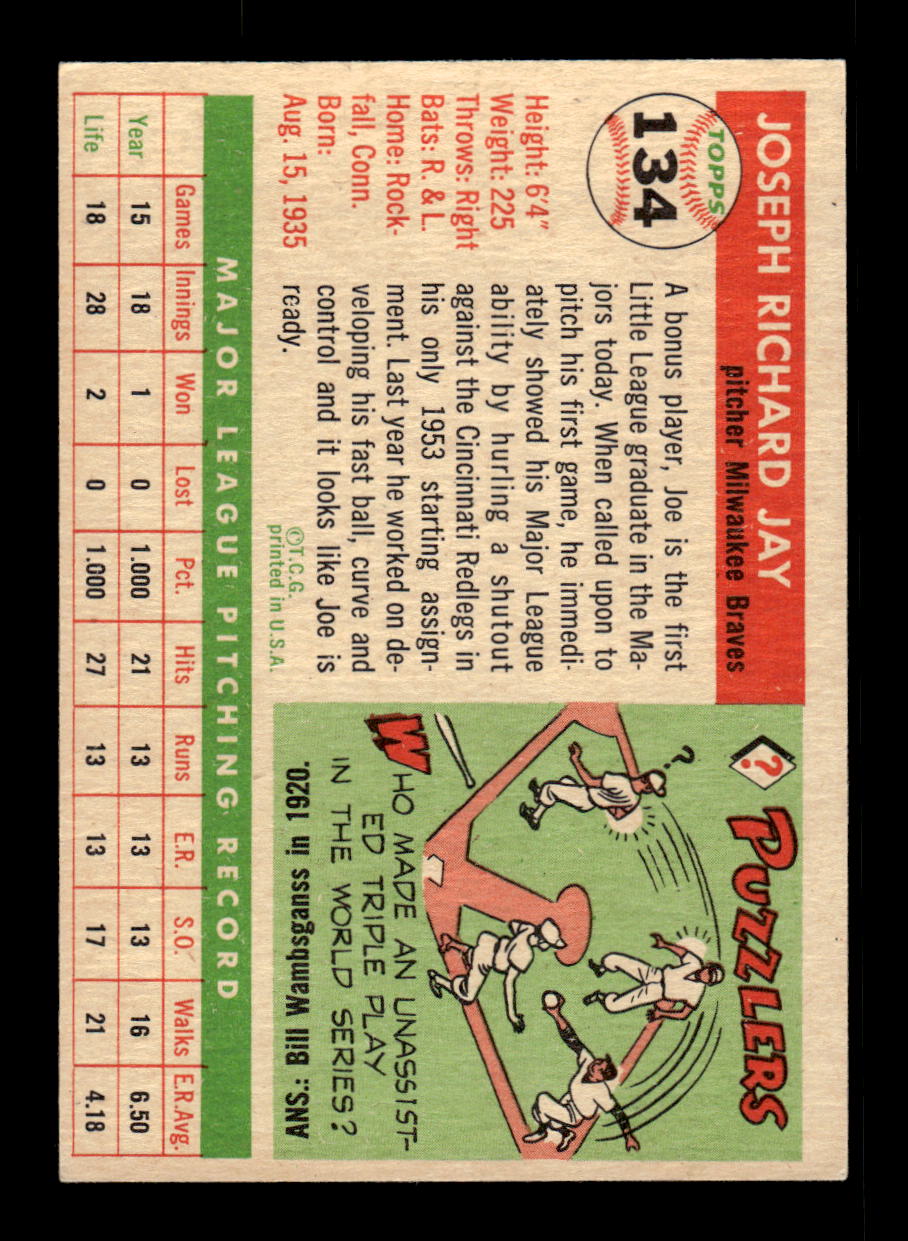 1955 Topps #134 Joe Jay Milwaukee Braves VG CS26018029