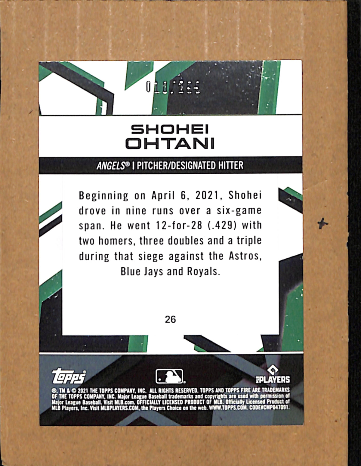 2021 Topps Fire #26 Shohei Ohtani #ED 10/299 NMT CS26018315