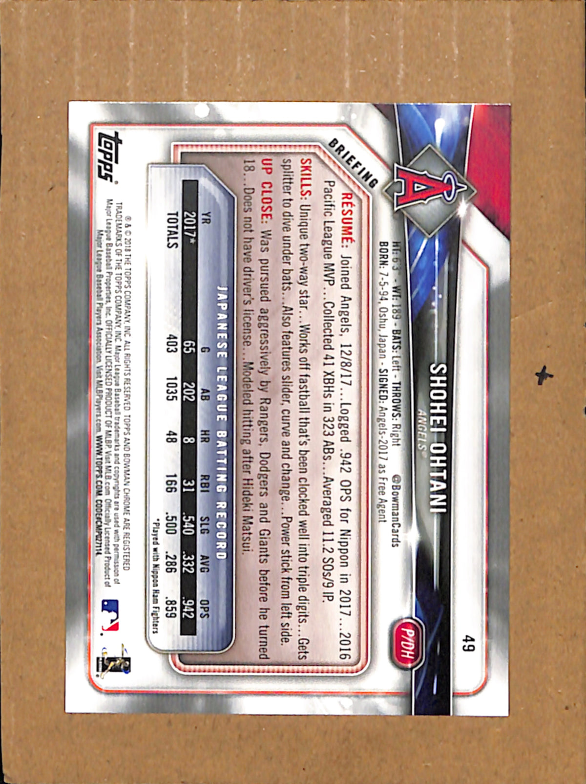2018 Bowman #49 Shohei Ohtani Los Angeles Angels NMT CS26018321