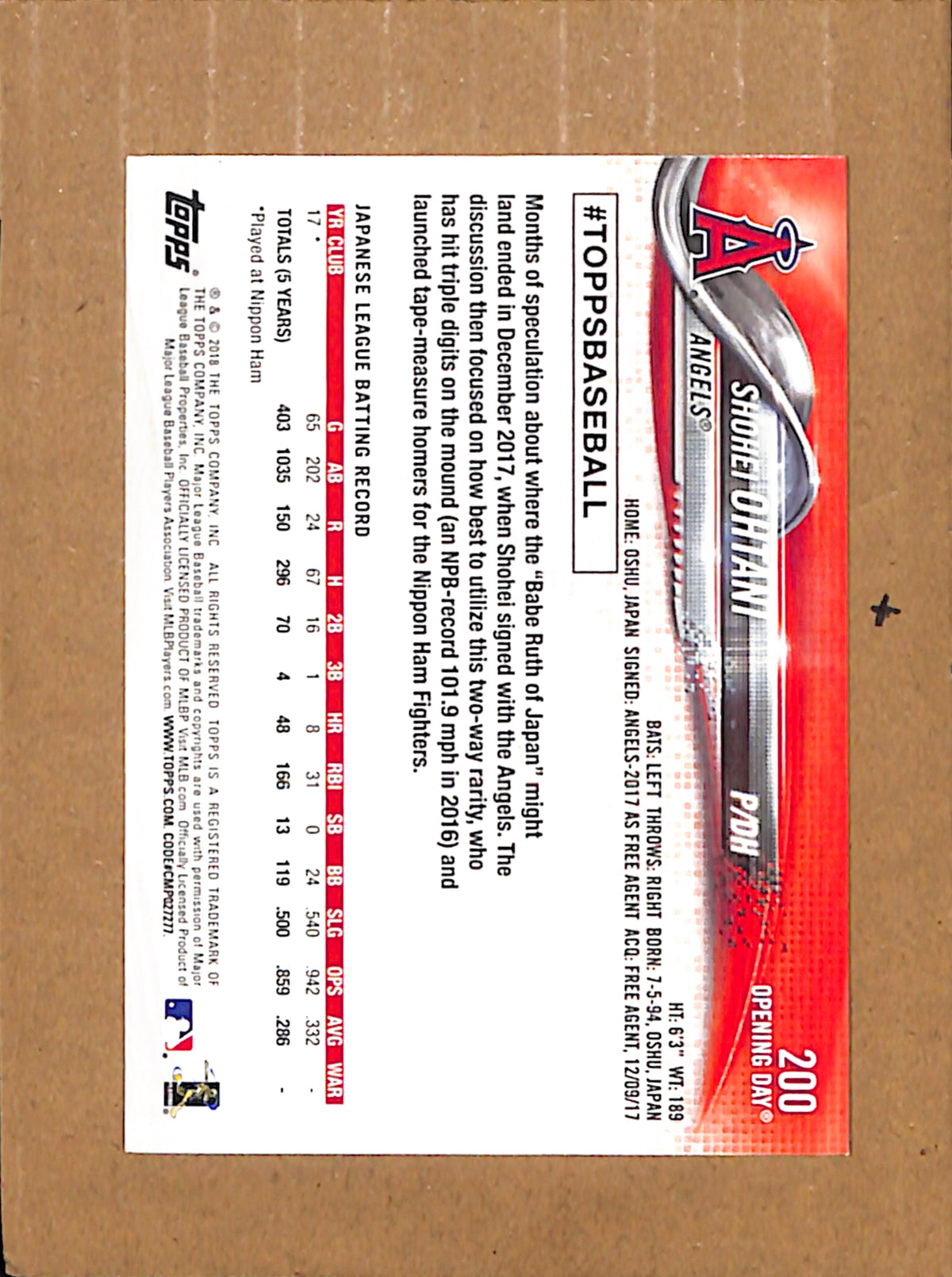 2018 Topps Opening Day #200 Shohei Ohtani Los Angeles Angels EXMT CS26018323