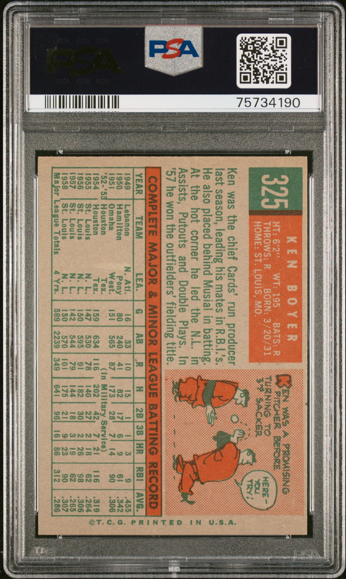 1959 Topps #325 Ken Boyer PSA 7 SN 75734190
