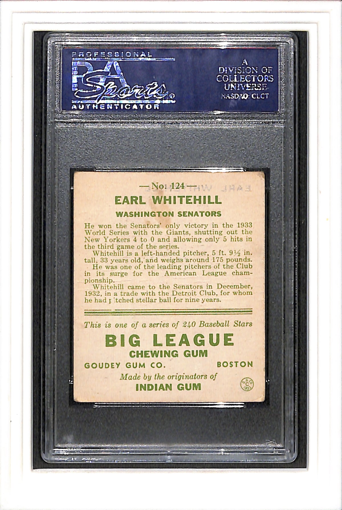 1933 Goudey #124 Earl Whitehill PSA 3 SN 23965141