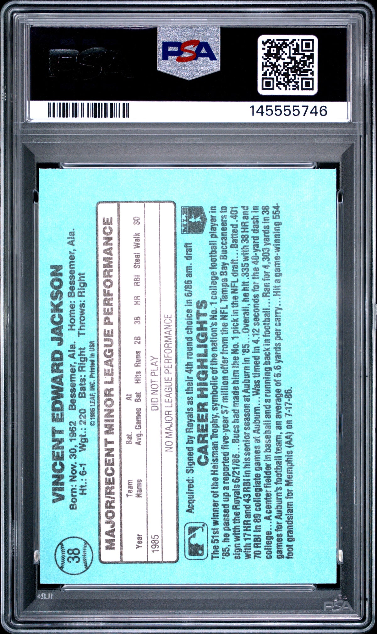 1986 Donruss Rookies #38 Bo Jackson PSA 8 SN 145555746