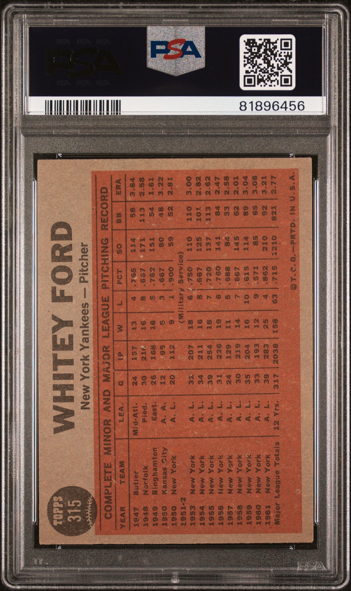 1962 Topps #315 Ford Tosses A Curve PSA 4 SN 81896456