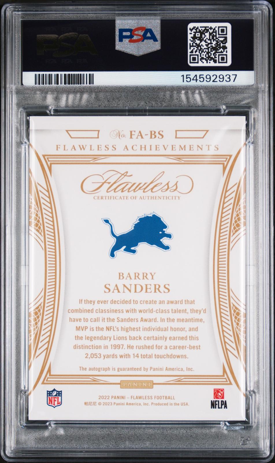 2022 Flawless Achievements Auto #FA-BS Barry Sanders Lions 3/10 PSA 8 SAPPHIRE