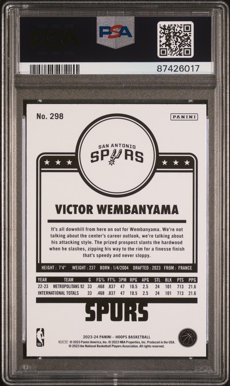 2023 Panini NBA Hoops #298 Victor Wembanyama PSA 9 SN 87426017