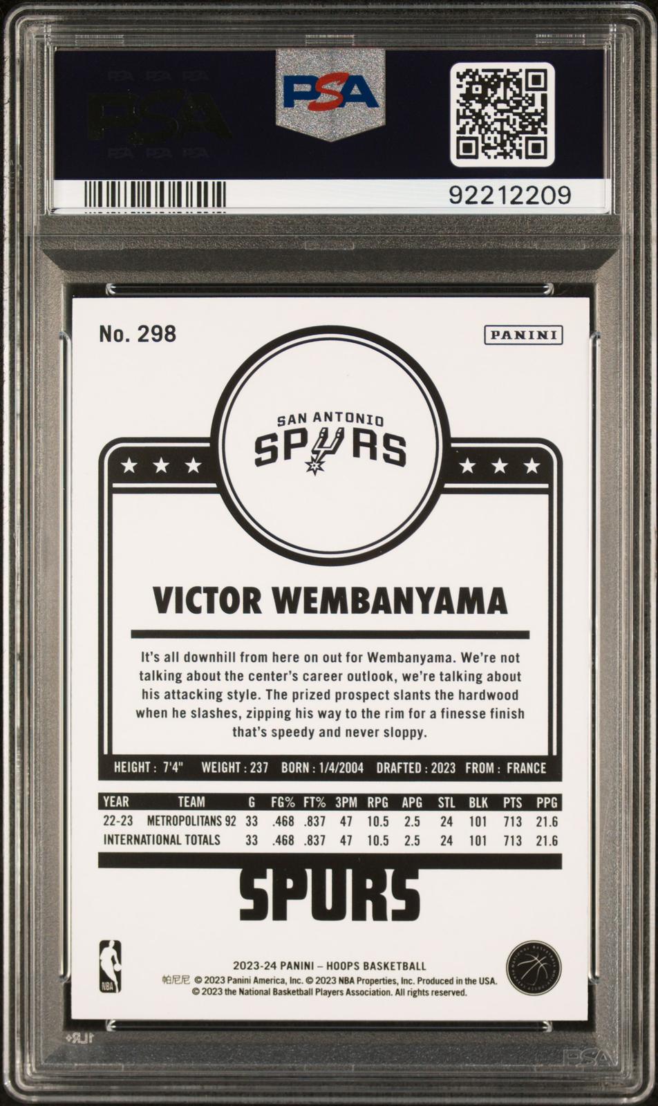 2023 Panini NBA Hoops #298 Victor Wembanyama Blue PSA 9 SN 92212209