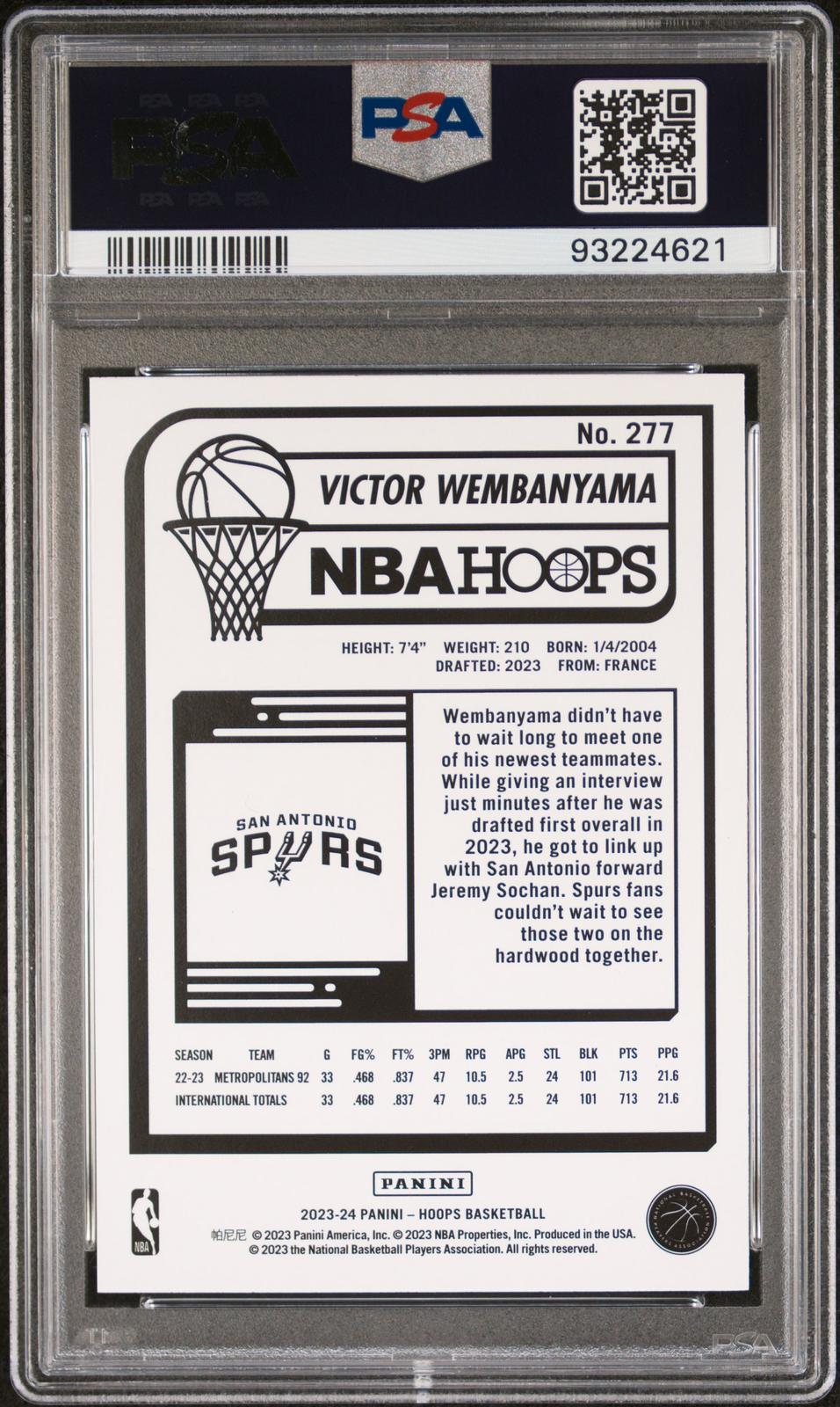 2023 Panini NBA Hoops #277 Victor Wembanyama Purple PSA 9 SN 93224621