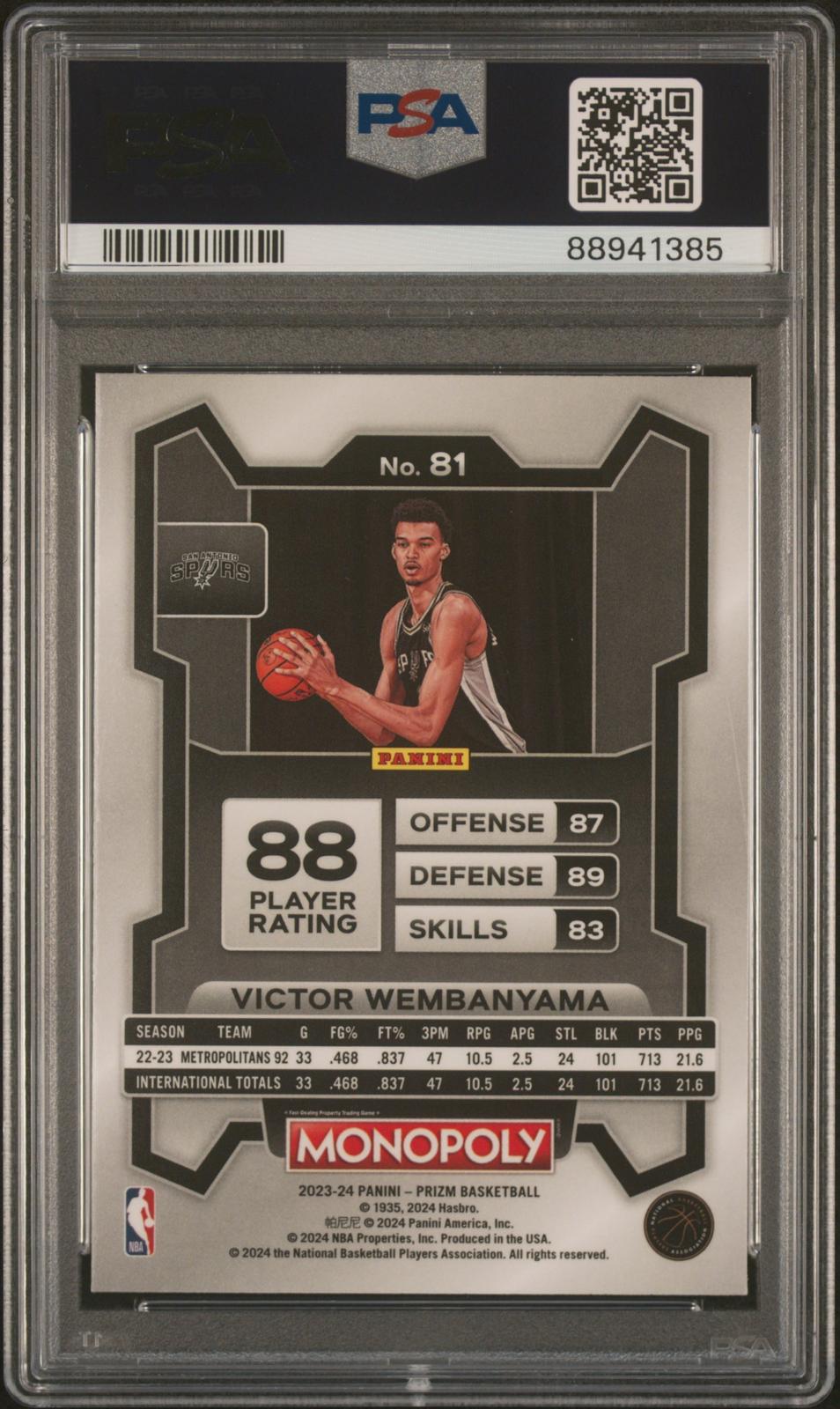 2023 Panini Prizm Monopoly #81 Victor Wembanyama PSA 10 SN 88941385