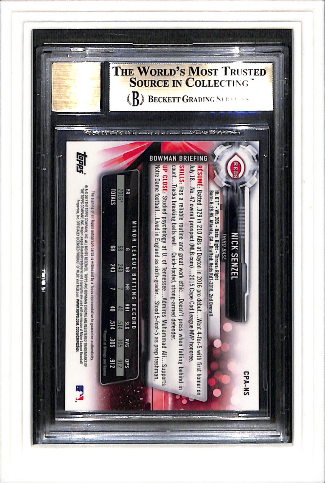 2017 Bowman #CPA-NS Nick Senzel Chrome Prospect Autographs Beckett 9.5 / 10