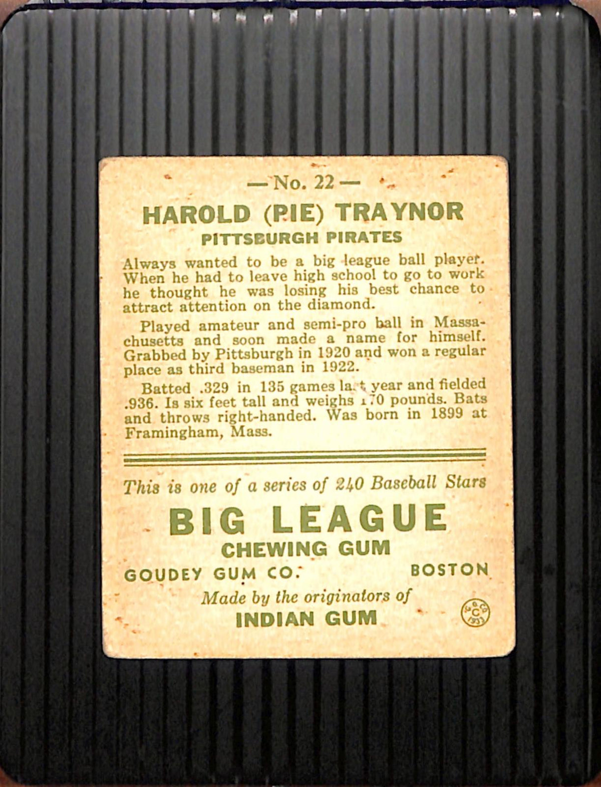 1933 Goudey (R319) #22 Harold “Pie” Traynor Pirates LOW GRADE CS26018734