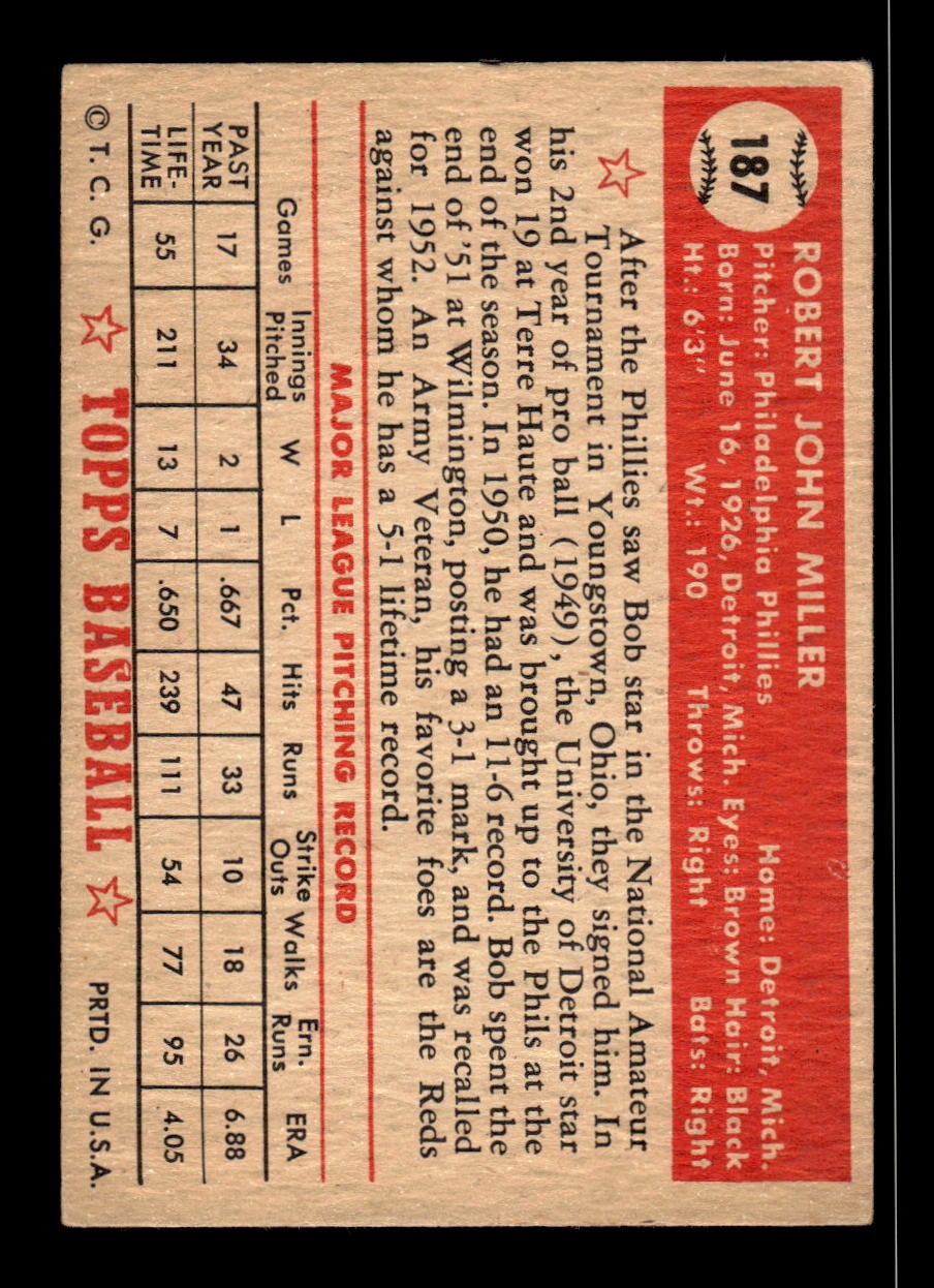 1952 Topps #187 Bob Miller Phillies LOW GRADE CS26018738