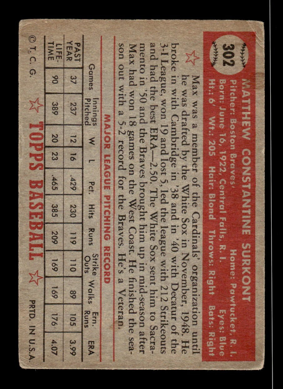 1952 Topps #302 Max Surkont Braves LOW GRADE CS26018751
