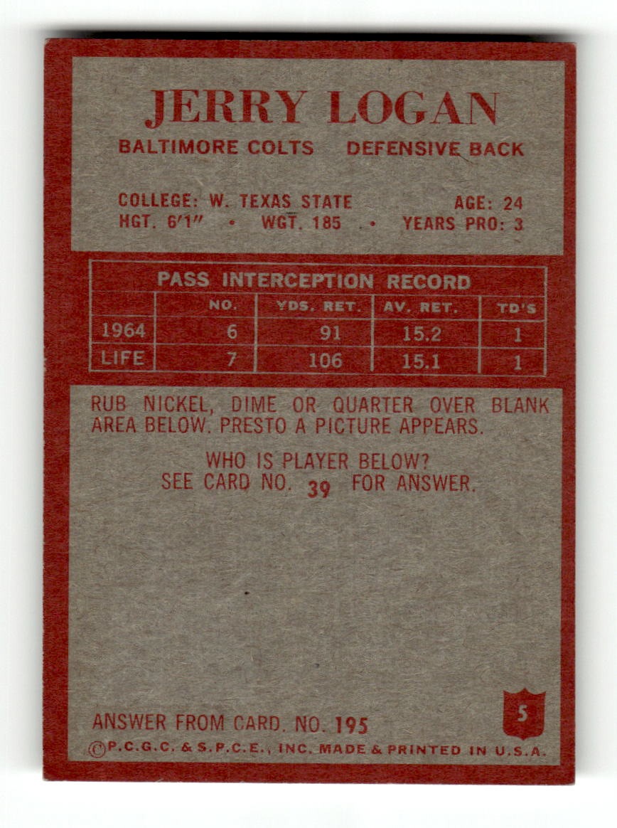 1965 Philadelphia #5 Jerry Logan Colts VGEX CS26018883