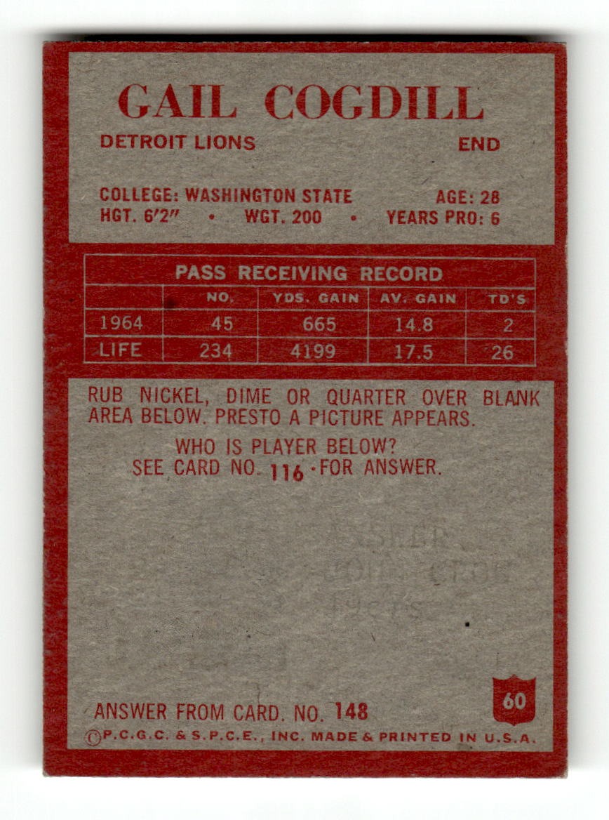 1965 Philadelphia #60 Gail Cogdill Lions VGEX CS26018897