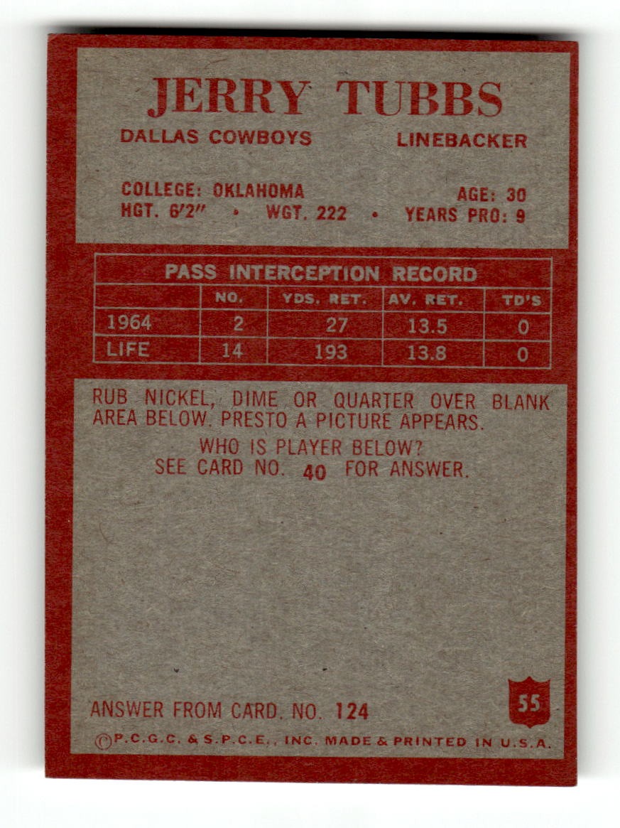 1965 Philadelphia #55 Jerry Tubbs Cowboys VGEX CS26018898