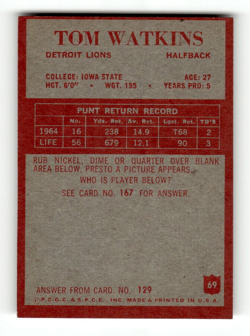 1965 Philadelphia #69 Tom Watkins Lions VGEX CS26018900