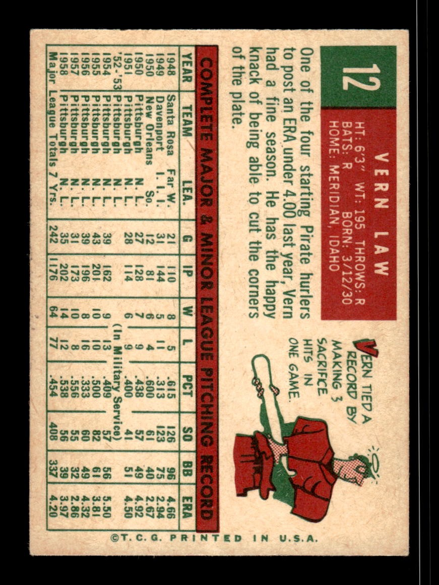 1959 Topps #12 Vern Law Pirates VGEX CS26018913