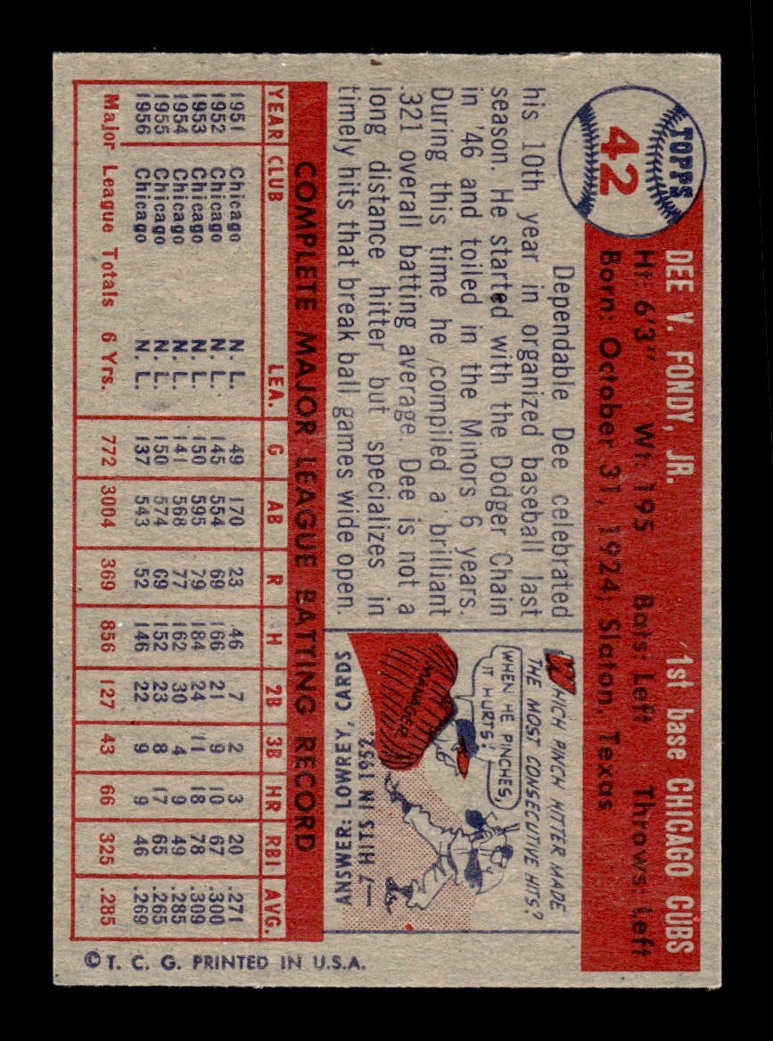1957 Topps #42 Dee Fondy Cubs VGEX CS26018926